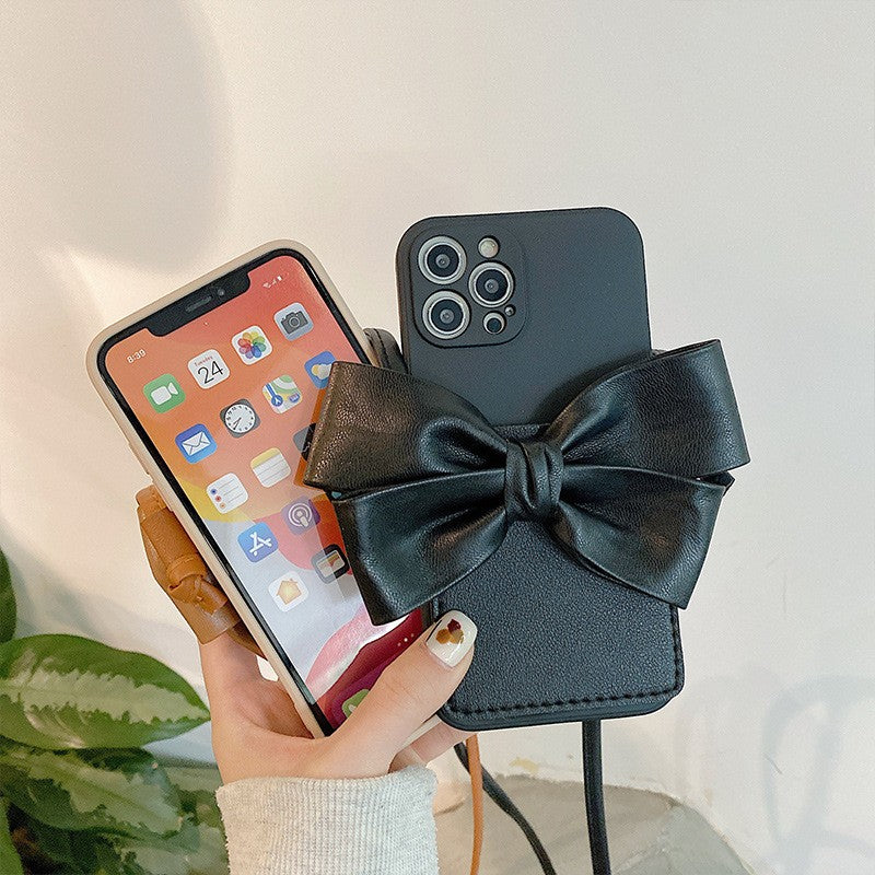 Cute Card Slot Hanging Rope Bowknot Phone Case For iPhones