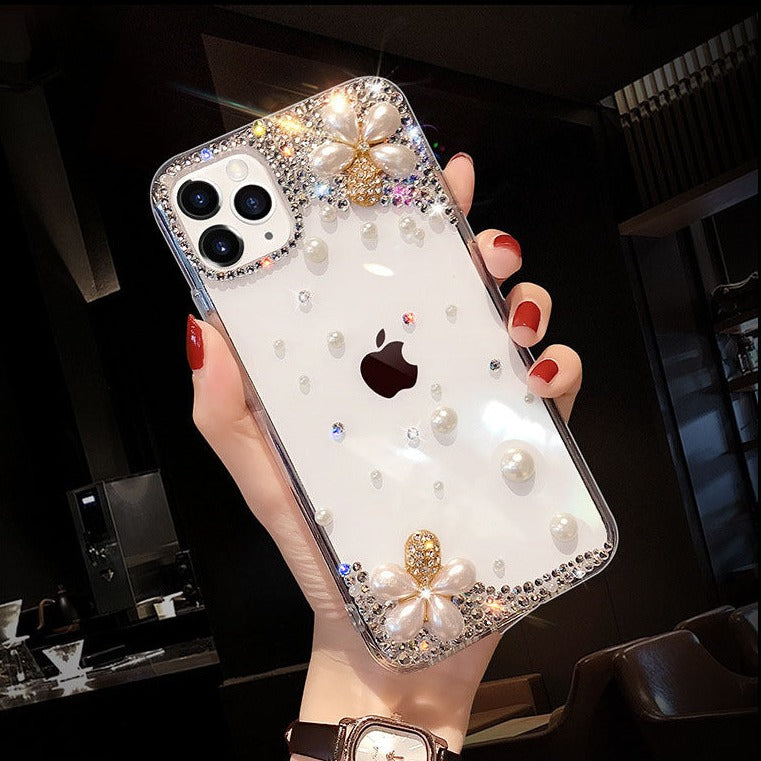 Rhinestone Pearl Flower Transparent iPhone Case