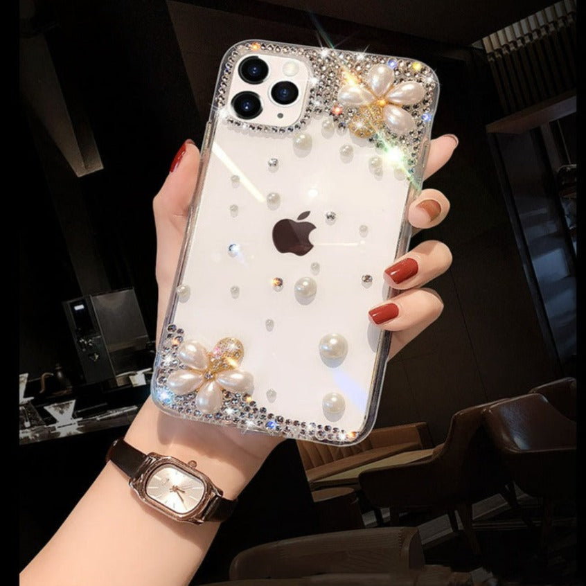 Rhinestone Pearl Flower Transparent iPhone Case