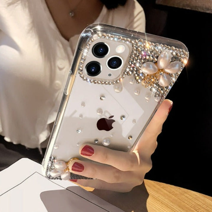 Rhinestone Pearl Flower Transparent iPhone Case