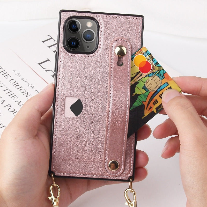 Diagonal Wrist Strap Leather Phone Case For iPhones