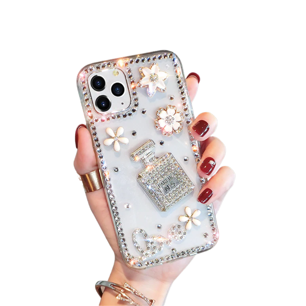 Creative Rhinestone Flower Perfume Bottle iPhone Case